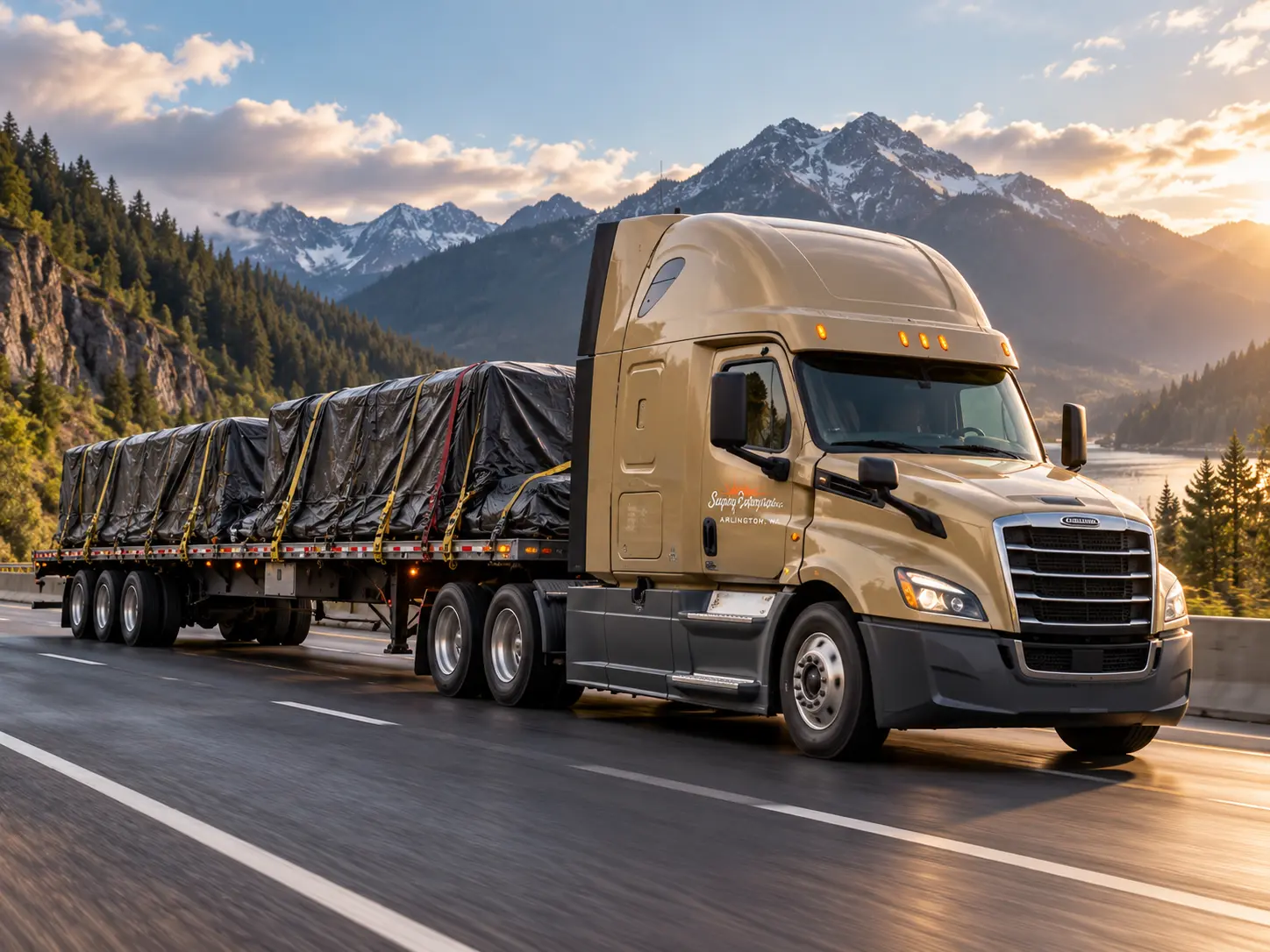 A flatbed tractor-trailer carrying a secured tarp-covered load on a Pacific Northwest highway
