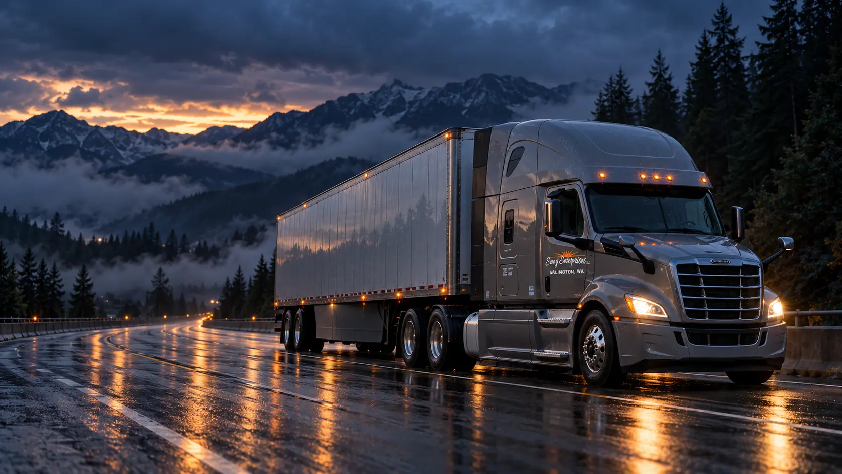 A semi-truck beginning its route from a Pacific Northwest freight yard